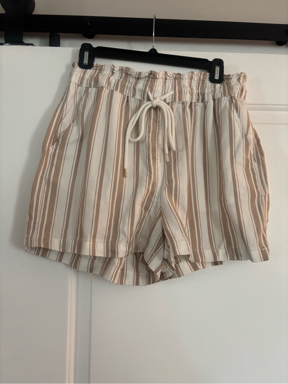 For The Republic Cream & Tan Striped Drawstring Shorts